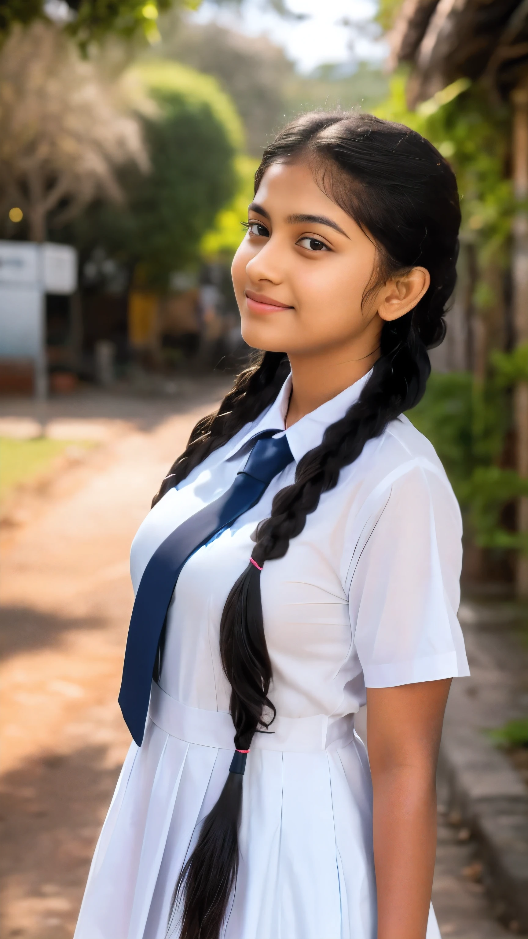 Raw photo , 1 girl ,Wearing white frock and color tie, white shoes ,sri lanka girl, with plait, stand in the ground big breasts, sexy , professional photographer, (hdr:1.4), masterpiece, ultra-realistic 8k, perfect artwork, intrincate details, cute face, award winning photograph, (Best quality, 8k, 32k, Masterpiece, UHD:1.3) , biggest boob, big ass, don't close-up