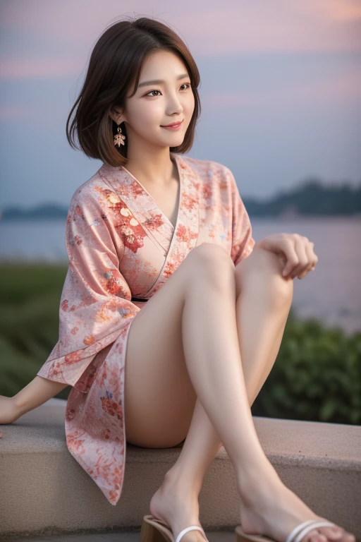 Browsing Caution, 8K Raw Photos, highest quality, masterpiece, Ultra-high resolution, Film Grain, movie, One girl, View Viewer, Natural skin texture, Realistic eye and facial details, full 唇, Lip tick, (compensate), Red eyeshadow, Fluffy short hair,Korean beauty style,Japanese Kimono(Pink based floral pattern),smile, Close your mouth, beautiful feet, Tall Woman, skinny, slim_feet, alone, Large Breasts,Natural pose with fireworks in the background,Brown Hair,Bracelet,Sandals,Night view,VIVIZ,UMJI,Korean Style,Korean,かわいいKorean,Natural Makeup,cute,Medium Short Hair,Earrings,Depth of written boundary