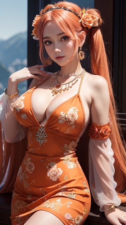 Woman with long orange pigtails,Goddess Aphrodite,She is wearing a rose-colored dress with orange floral patterns.,Underboobs are showing,There is a sleeve on the arm,Wearing a large necklace