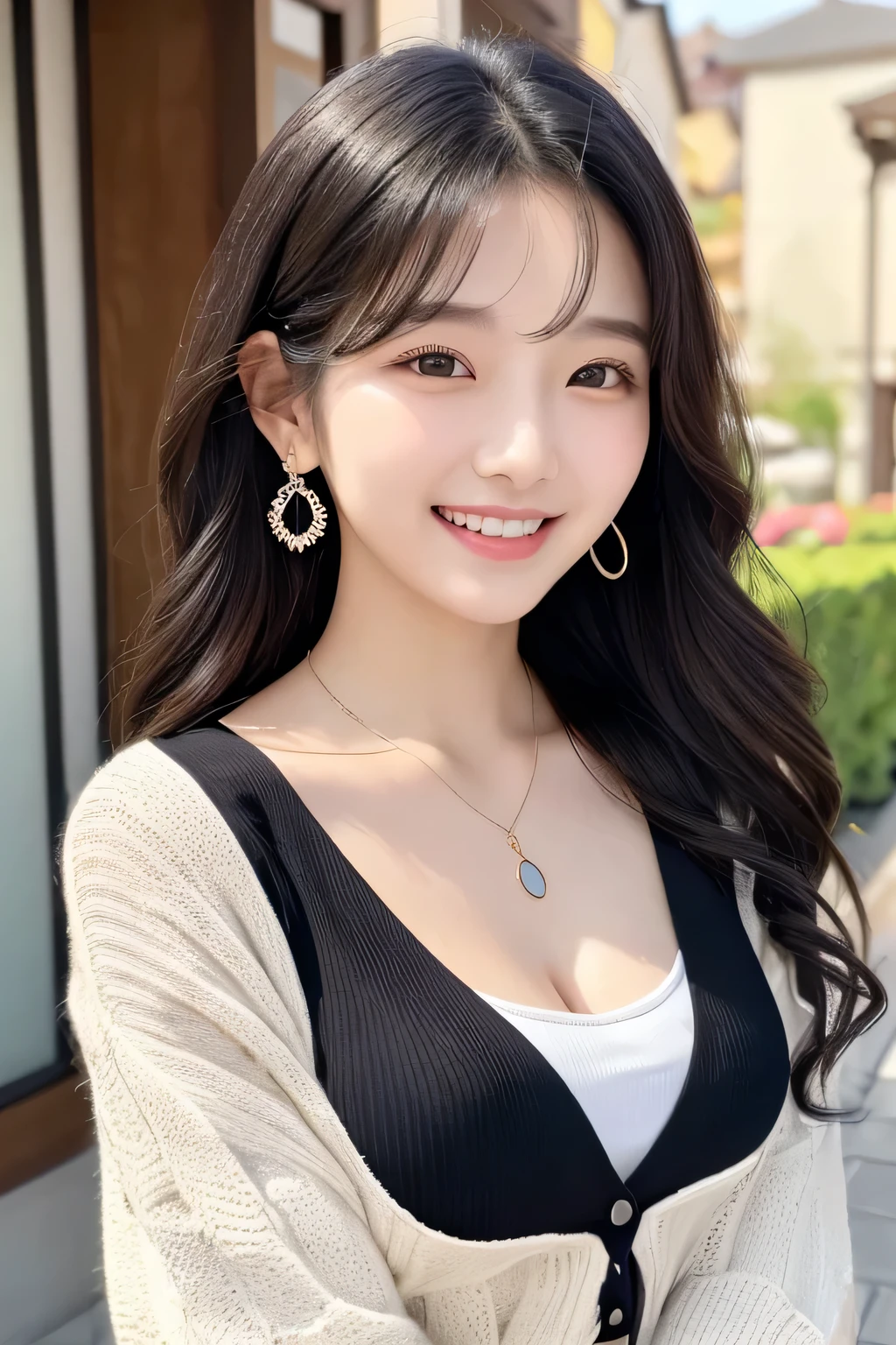Beautiful young woman、 Korean women、Black Hair、Wavy Hair、ear piercing、Necklace around the neck、blouse、smile、Laughing with your mouth open、Beautiful teeth alignment、Intricate details, Very detailed:1.2), 、 Looking into the camera,The background is the town、Cardigan draped over shoulders