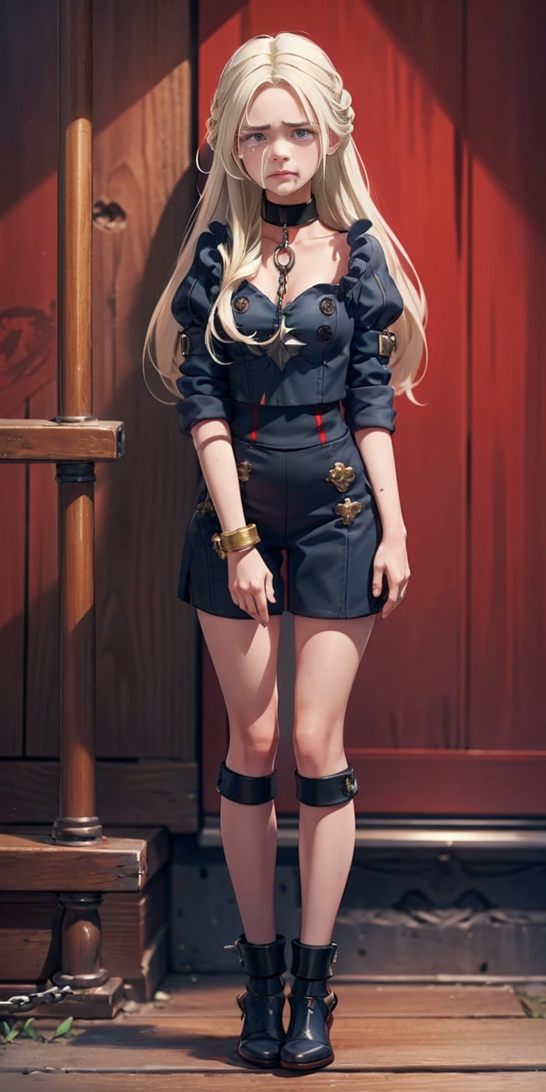 (masterpiece, best quality), intricate details, 1girl, 1girl in, age19, Solo, Long hair, Colossal, Looking at Viewer, blond hair (standing full body toe to head by wooden pole:1.2) iron collar, arms behind back, iron cuffs, shackles, bound, bondage outfit, harness, o-ring, bondage outfit blindfolded, happy red cheeks, chain leash collar choker neck bell shackles wristbands bracers bracelets, cleave gag, sad face, red cheeks, crying tears, painful (she was sold and betrayed by her own family)