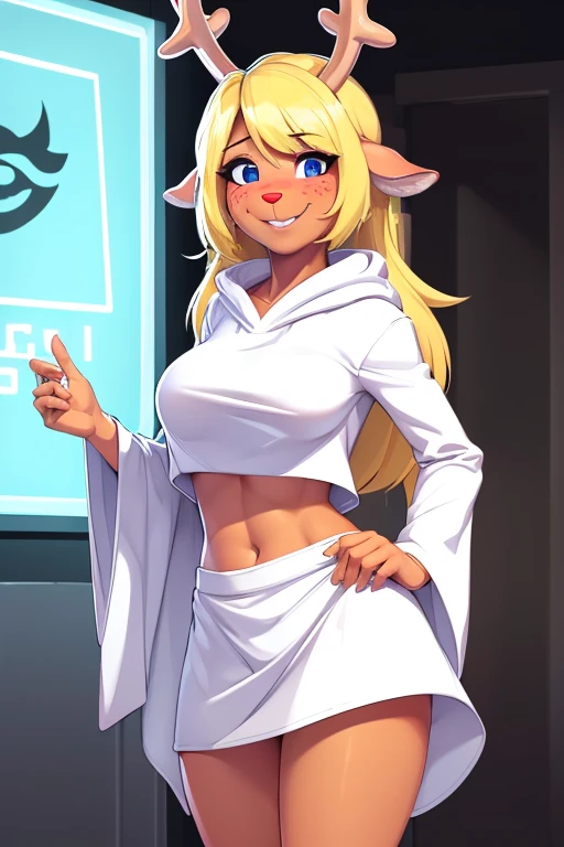(noelle, furry female anthro, blonde hair, deer girl, red deer nose, white eyes, white pupils, white robe, hooded robe, big breasts, midriff), hands on hips, green neon city, smiling, winking, blushing