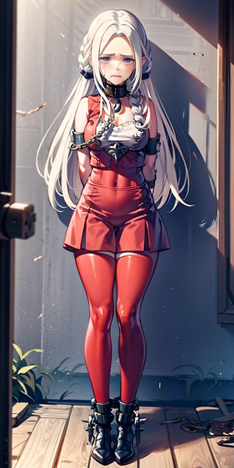 (masterpiece, best quality), intricate details, 1girl, 1girl in, ***19, Solo, Long hair, Colossal, Looking at Viewer, blond hair, Alexis Texas (standing full body toe to head by wooden pole:1.2) iron collar, arms behind back, iron cuffs, shackles, bound, bondage outfit, harness, o-ring, bondage outfit blindfolded, happy red cheeks, chain leash collar choker neck bell shackles wristbands bracers bracelets, cleave gag, sad face, red cheeks, cryings tears, painful (she was sold and betrayed by her own family)