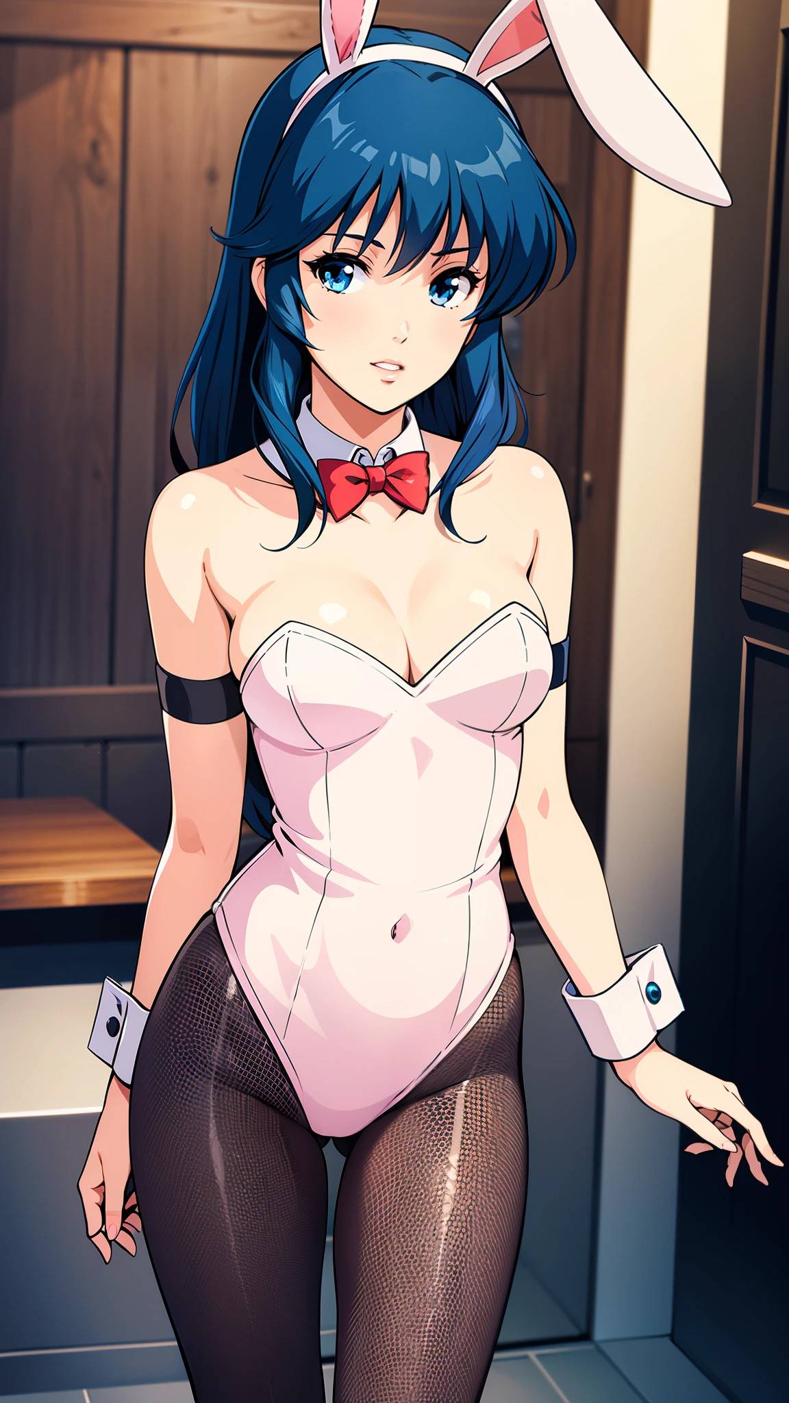 LynnMinmay, 1girl, solo, black hair, cowboy shot, ultra-detailed, best quality, masterpiece, illustration, game cg, bunny ears, detached collar, wrist cuffs, strapless leotard, fishnet tights