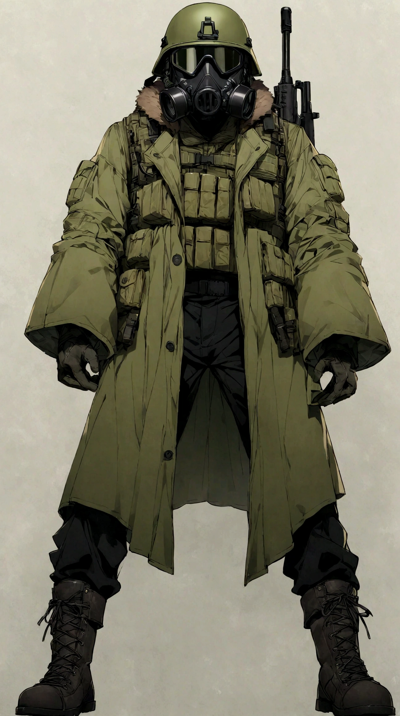 Male, Green Tactical helmet, black M50 gasmask, brown leather fur lined duster coat, green tactical vest, black pants, combat boots.