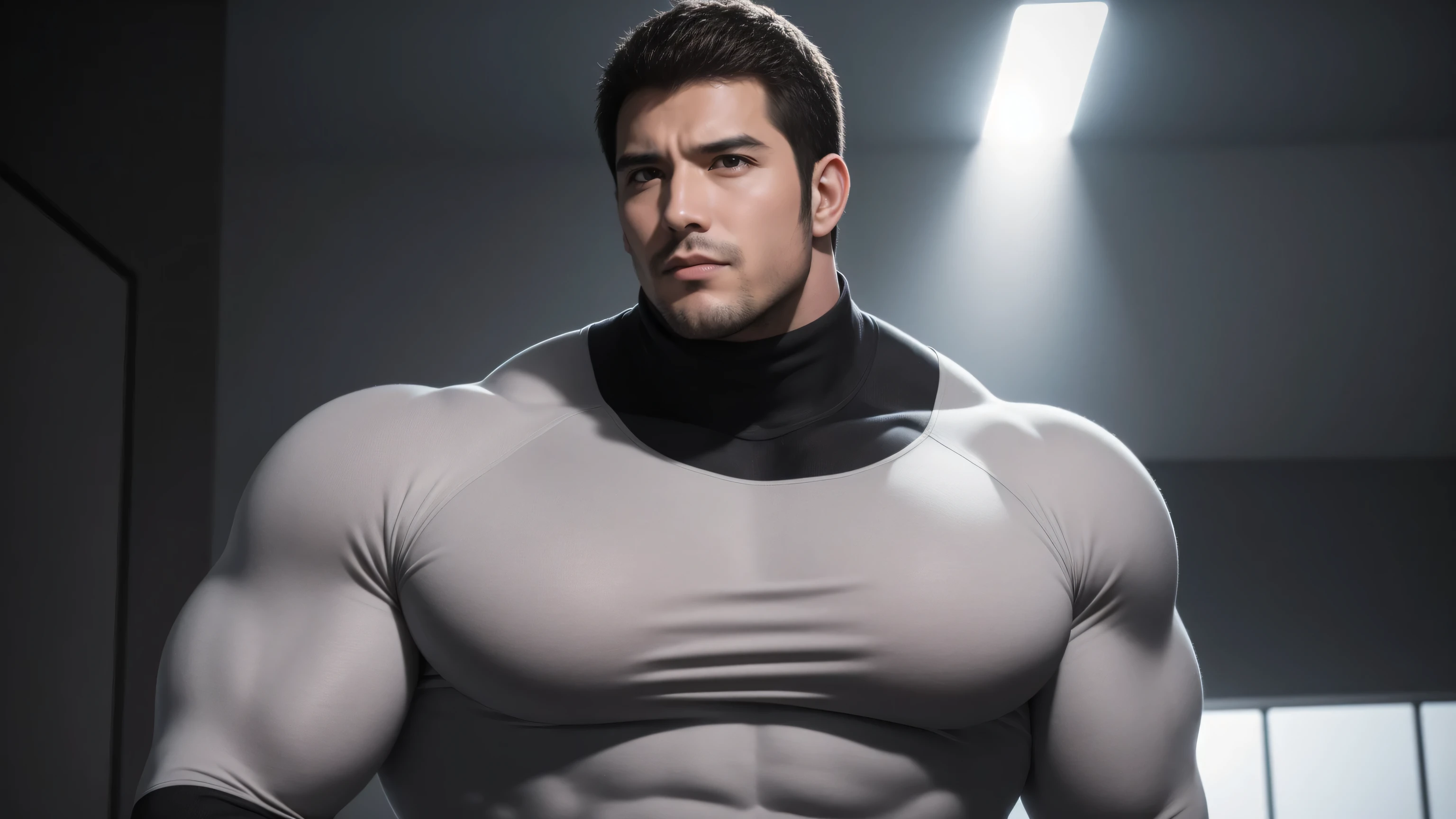 Super muscular man hugging, kissing and caressing,  Open mouth and scream，Look at each other affectionately，They hugged each other affectionately，Buzz Cut，In a luxurious and noble mansion, Wear a long-sleeved light grey turtleneck tights, Thickened warm elastic texture，Clothes are very dirty with mud stains，The expression is arrogant, Thick thighs, Messy hair, Thick thighs, High collar long sleeve light grey turtleneck tights, very tight, Regular symmetrical pattern, Highlight muscles, Police uniform pants, character concept（Resident Evil - Chris Redfield, Chris Redfield）A proud expression, Deep and charming eyes, Heroic male pose, tall Burly, muscular！muscular thighs, tough guy, perfect facial features, High, Burly, Heqiang, Super polished and cool, High Resolution Committee, Charismatic, The sun shines through the customers