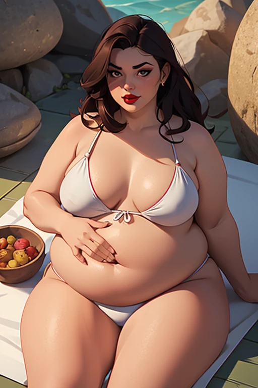 1 girl, morbidly obese seductive Spanish woman, red lips, long hair, (bikini), (double chin), overweight, (bloated belly), big breasts, make-up, exotic island, lying on a towel 