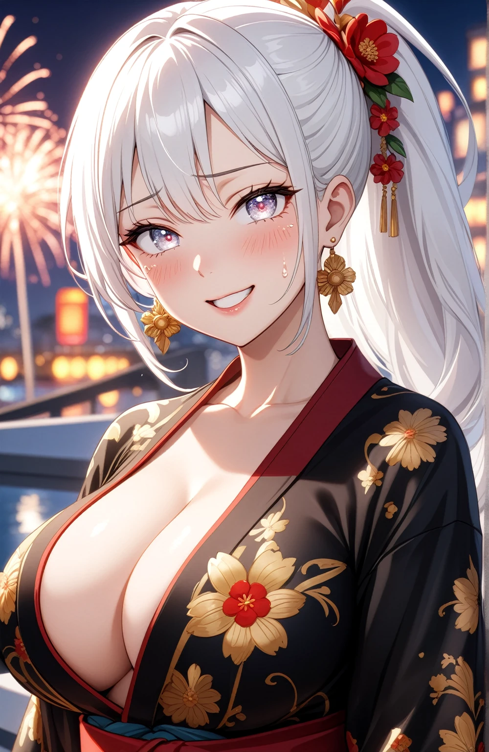 ((one personの女性)), Beautiful Face,((cry:1.5)),(Wink:2.0)),Laughing embarrassedly,Laughing with mouth open,((Bright red cheeks:1.4)),Glossy pink lips,night,Rooftop festival venue,You can see the ocean,firework,((Anime style background)),masterpiece, highest quality, so beautiful, Latest, Complex details, (Pink long nails),(ring),AI-generated, Complex,High resolution, highest quality, super high quality,3D Images、View your viewers、3D Images,one person,Long white hair,High Ponytail,blue eyes,Anime woman posing for a photo, ((Fine grain、Silvery white colorful eyes、Shining Eyes:1.3)),(Squint your eyes:1.1),a hyperRealistic , hyperRealistic , Realistic,Anime woman with long and white hair, Smooth anime CG art, A woman in a colorful kimono with gold embroidery, (Black kimono),Red floral pattern,Long flower hair ornament,Big earrings,Mature Body,(Big Breasts:1.1),Tall,Big Ass,Fine details,Narrow waist,Abdominal muscles,(Face close-up:1.4),(ringを見せる:1.3)