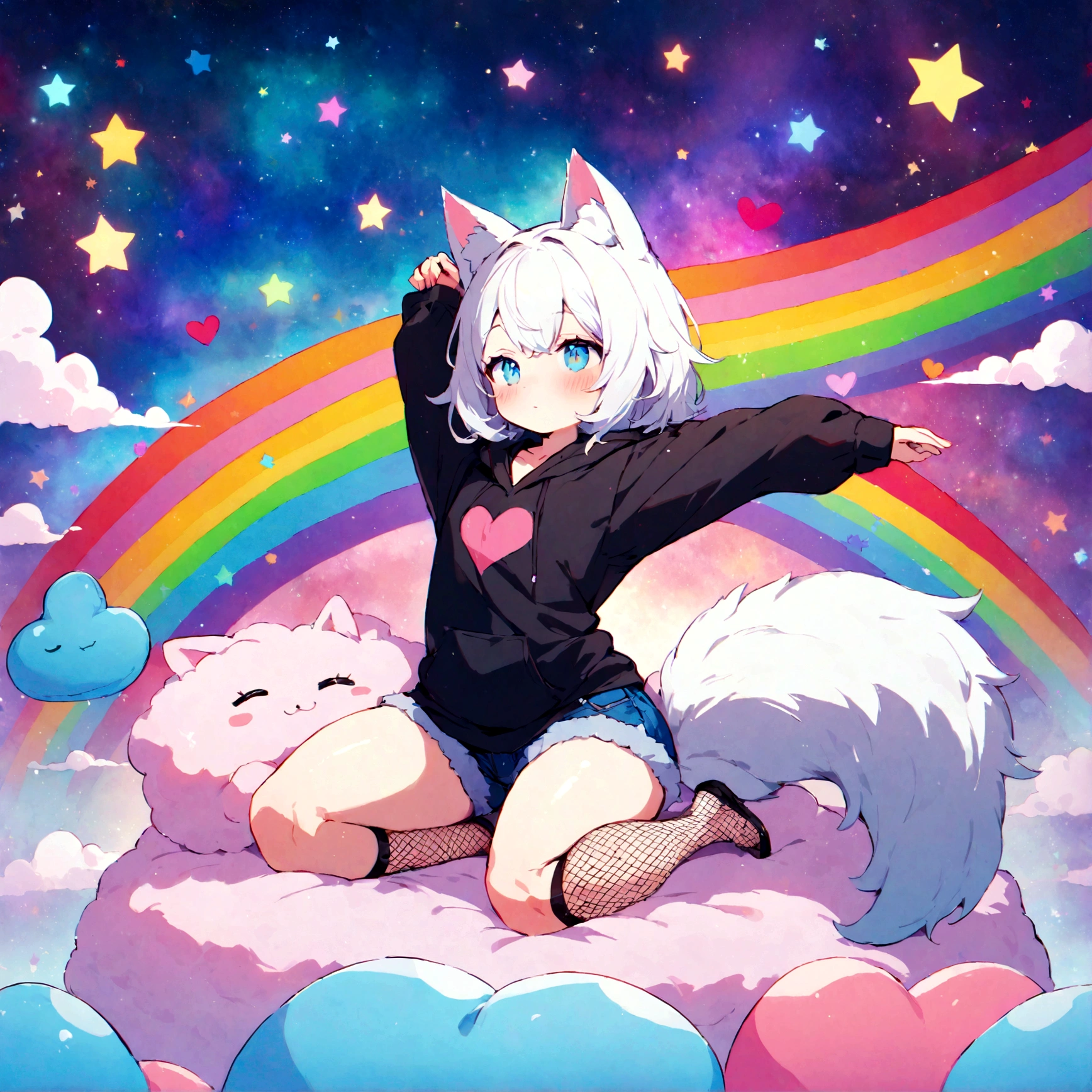 a cute adult male with wolf ears, white hair, has a wolf tail, wearing a loose cropped oversized black hoodie, wearing a pair of denim short shorts and fishnet stockings, thick thighs, wide hips, relaxing on mound of fluffy multi colored kawaii plushies, short, very slim, showing slender tummy, stretching out, heart on hoodie, squishy thighs, has glowing blue eyes. alone, solo (ALONE)(SOLO), surrounded by rainbows, colorful galaxy backround