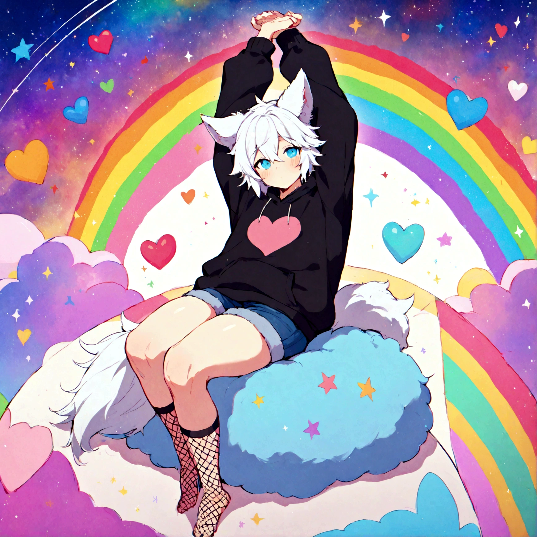 a cute adult male with wolf ears, white hair, has a wolf tail, wearing a loose cropped oversized black hoodie, wearing a pair of denim short shorts and fishnet stockings, thick thighs, wide hips, relaxing on mound of fluffy multi colored kawaii plushies, short, very slim, showing slender tummy, stretching out, heart on hoodie, squishy thighs, has glowing blue eyes. alone, solo (ALONE)(SOLO), surrounded by rainbows, colorful galaxy backround