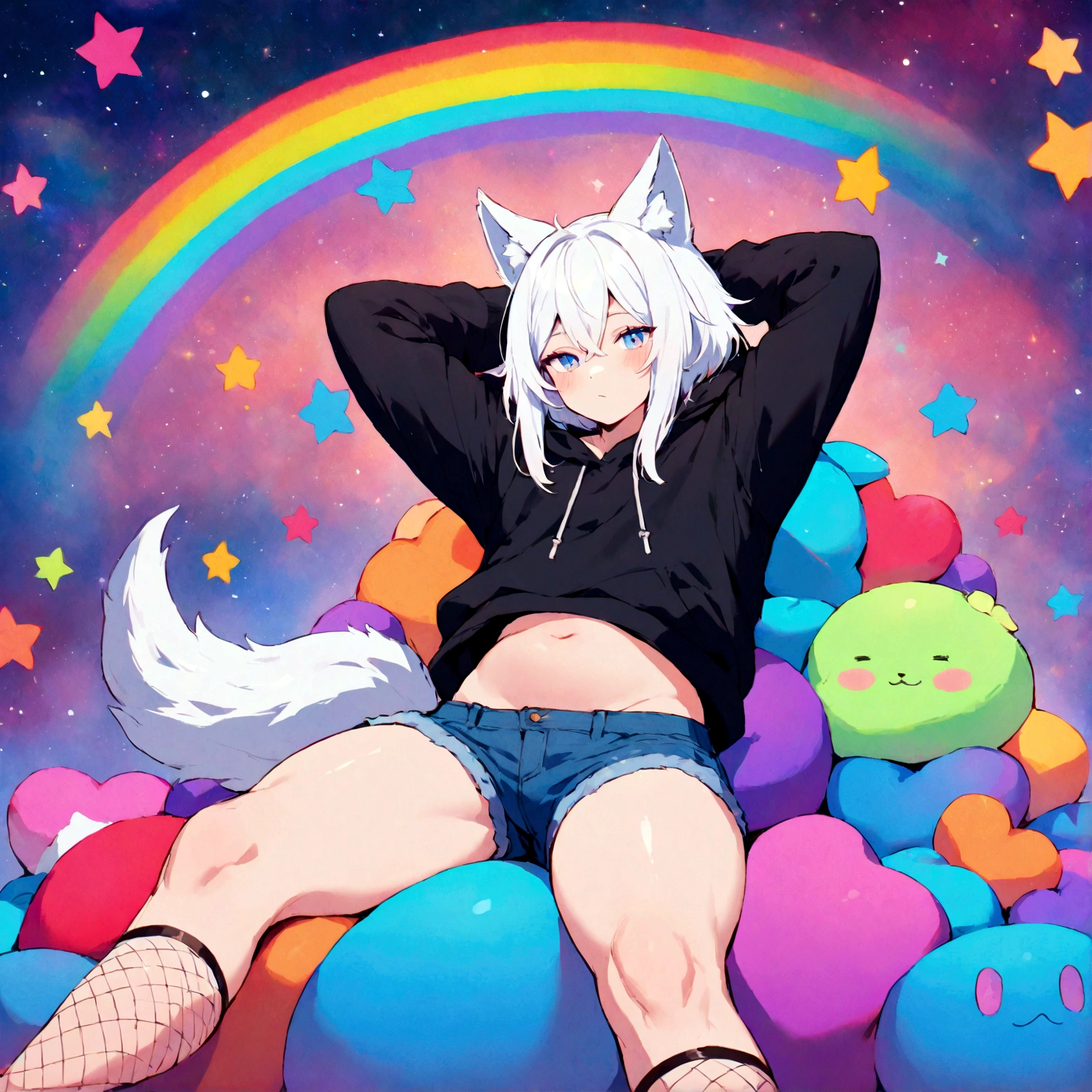 a cute adult male with wolf ears, white hair, has a wolf tail, wearing a loose cropped oversized black hoodie, wearing a pair of denim short shorts and fishnet stockings, thick thighs, wide hips, relaxing on mound of fluffy multi colored kawaii plushies, short, very slim, showing slender tummy, stretching out, heart on hoodie, squishy thighs, has glowing blue eyes. alone, solo (ALONE)(SOLO), surrounded by rainbows, colorful galaxy backround