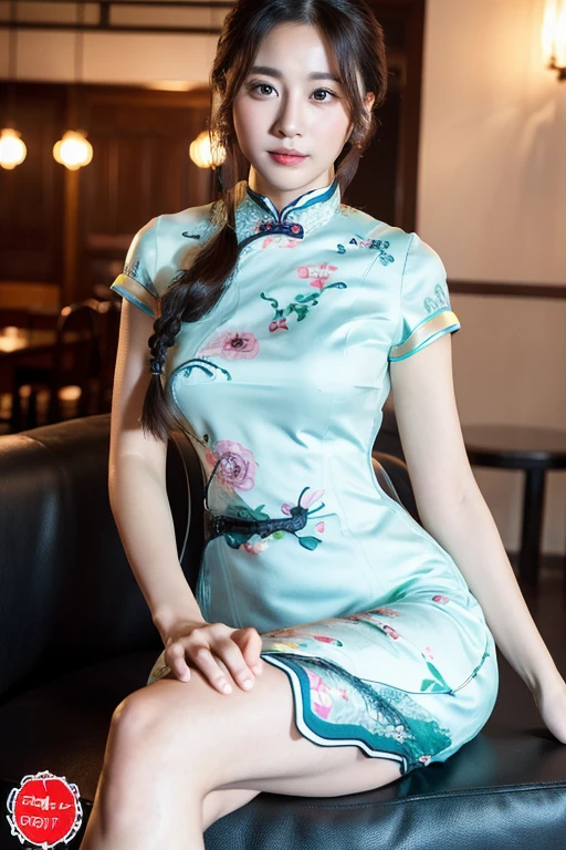 (RAW Photos:1.2), (Realistic:1.4), Beautiful detailed girl, 29-year-old,Very detailed eyes and face, Beautiful details, Ridiculous, incredibly Ridiculous, Large file size, Very detailed, High resolution, Very detailed, highest quality, masterpiece, kemomimi, ((Japanese Girls)),、 shape, Very detailed, CG, Unified, 8k wallpaper, wonderful, Fine details, masterpiece, highest quality, Very detailed CG uniform 8k wallpaper, Light on the face, Cinema Lighting,( One Girl),Feeling Face、(Big Ass)、(whole bodyショット)、((qipao:1.4))、 Short length, ((No sleeve))(Ample breasts:1.4)、 very, single braid、Shiny light brown hair、((Gaze Here:1.4))、(Big Smile 1:4), (whole body), Sitting in a chair, ((Crossing your legs:1.4)),restaurant