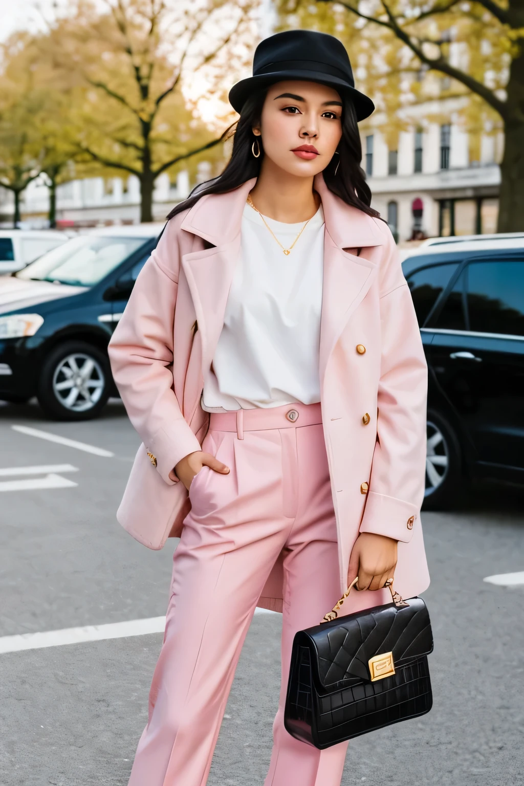 Beautiful girl, 21 years old, black hair, white shirt, light pink outerwear. pink trousers Pink shoes, wear a black hat, light pink, wear a gold watch, carry a bag in public. Add light and shadow