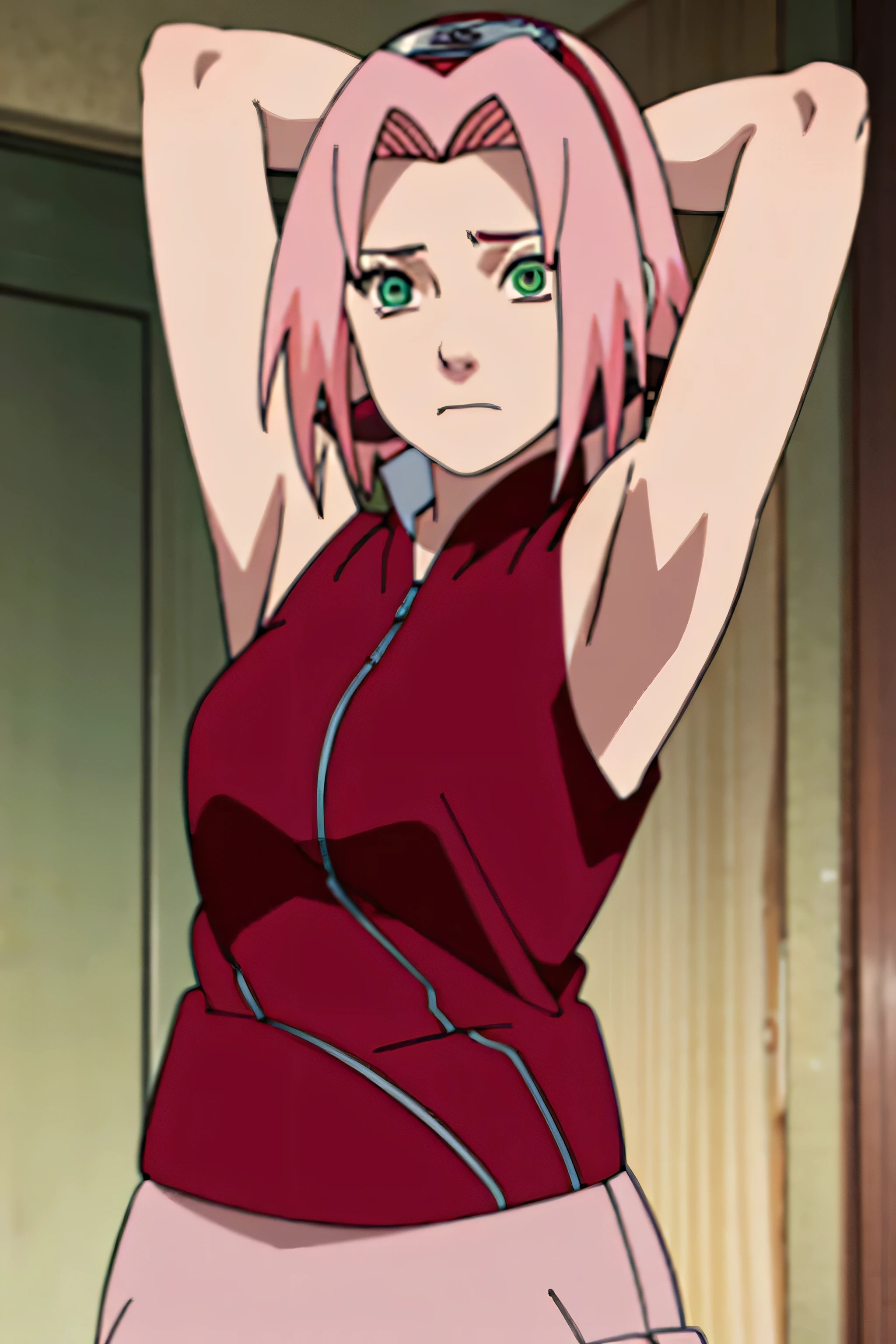 sakura haruno, sleeveless, red jacket, forehead protector, konohagakure symbol, arms behind head, armpits, showing armpits, posing, green eyes, perfect proportions, sakura shippuden