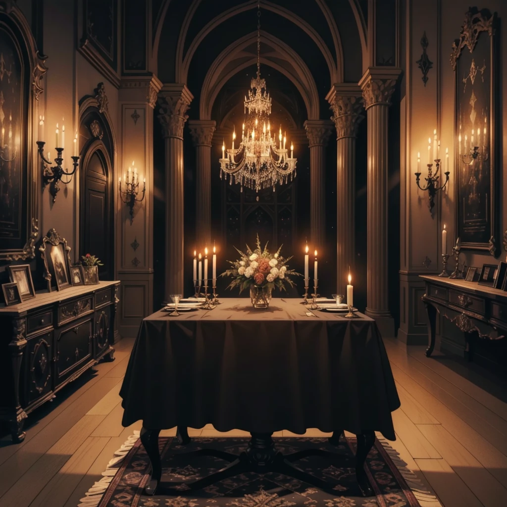 better quality, detailded,8k, obra de arte, Interior Gothic castle, Lounge, Dining table, Shiny,, imposing, Gray stone, detailded, Dark wood floors, Sun sunset, Through the window I could see the sunset sun, Imposing pointed windows, Gothic architecture, Large dark wood dining table, Banquet for two, Two dishes on the table, Medieval woodwoods, candlelit, House of Vampires, Elegant chandelier, dark color theme, Wall art, The camera is far away, Wide field of view, Cinematic feel, cold lighting, Grey stone walls from the Middle Ages, Arte, Varied meals, liquor, long table, palace