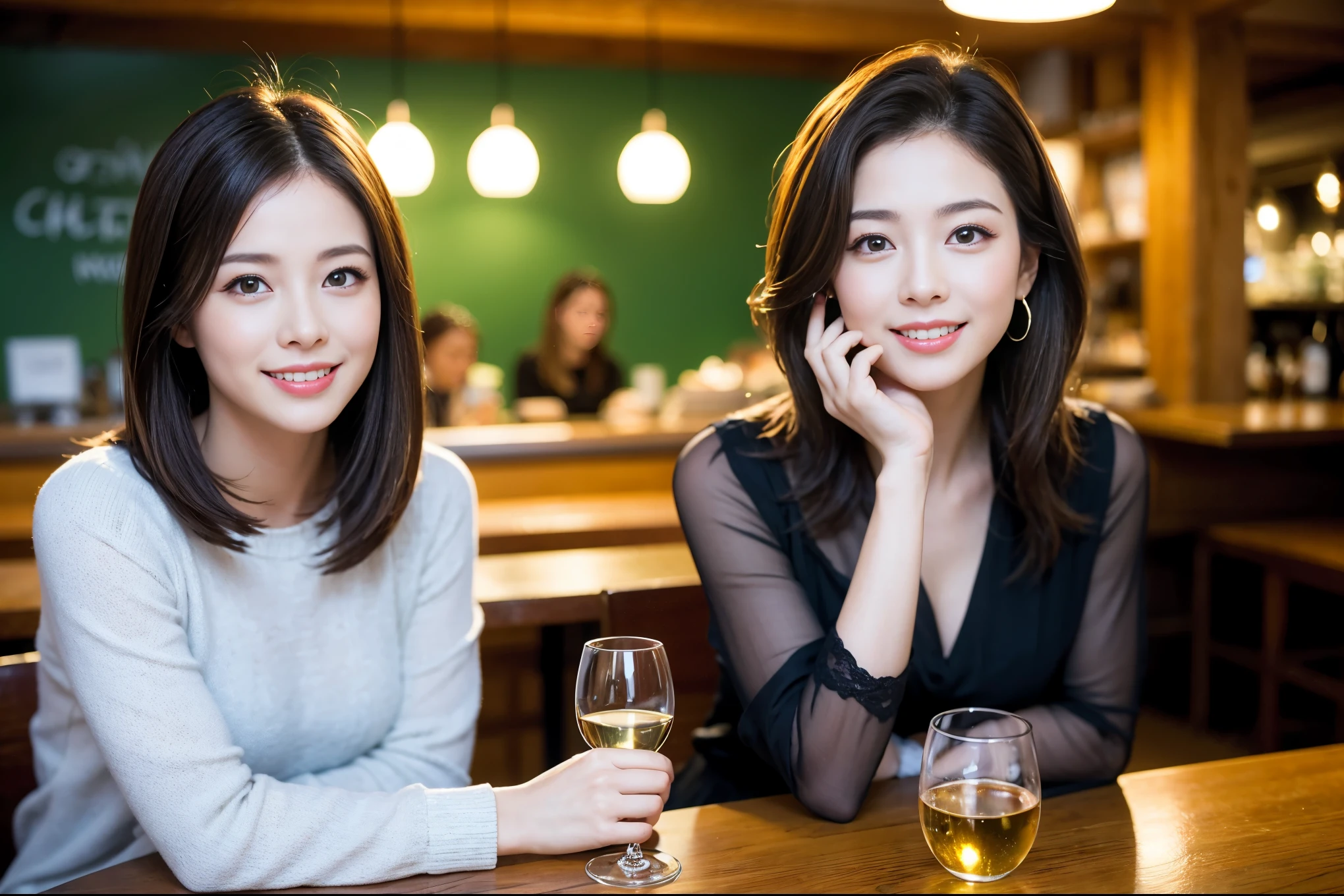 ((highest quality、8k、masterpiece:1.3))、Satomi Ishihara lookalike beauty、1 male、1 female、Couple、Spouse、half、The body is slim、((Bob Hale、Straight hair:1.2)), (Realistic, Intricate details:1.2), Wine glass on the table、Shine light on your face、 Amazing view of the sunset sky and clouds、Amazing mountain views、A bright smile、The wonderfulness of smile、Bright image、The beauty of wine, Beautiful Face, blue eyes, The light shines on your face, Blushing, short hair,Bright Face、 (Age 44), 43 years old, red wine 、Appetizers、Italian food、Wine bottle、Champagne、sparkling wine、Two beauties、Brown Hair、Shortcuts、Long sleeve shirt、dress、Pretty Woman 1, (Slim face), (The body is slim), (Brown Hair), (Shortcuts), cheeks turn a little red,Attractive beauty、restaurant, In a prominent place (From the waist up) Nova Frog Style, actress, model, Upper Body, White wine, slim, wine glass, A wine glass placed in the center, smile, (smile: 1.15), Beautiful fine grain, Depth f/2,saturation, High Contrast, Strong light and shadow,Moist Body:1.5、3D texture、Delicate eyes、Brown Hair、The hair is very shiny、