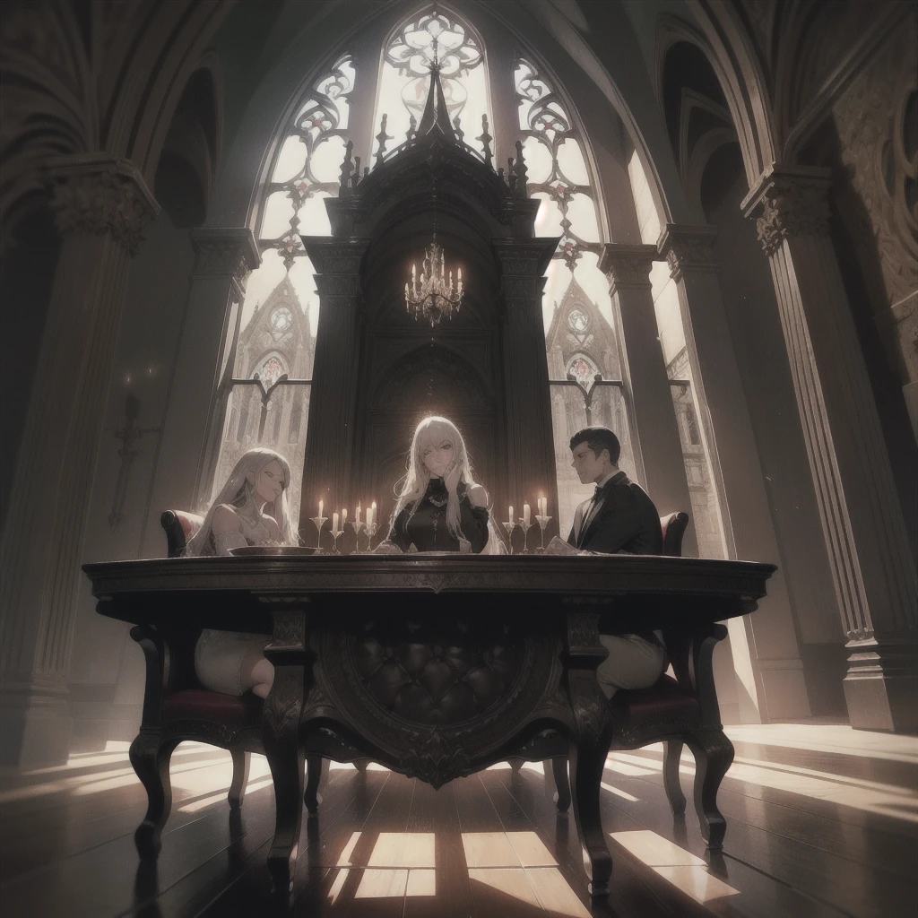 better quality, detailded,8k, obra de arte, Interior Gothic castle, Lounge, Dining table, Shiny,, imposing, Gray stone, detailded, Dark wood floors, Sun sunset, Through the window I could see the sunset sun, Imposing pointed windows, Gothic architecture, Large dark wood dining table, Banquet for two, Two dishes on the table, Medieval woodwoods, candlelit, House of Vampires, Elegant chandelier, dark color theme, Wall art, The camera is far away, Wide field of view, Cinematic feel, cold lighting, Grey stone walls from the Middle Ages, Arte, Varied meals, liquor, long table, palace