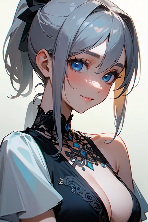 (masterpiece: 1.2, highest quality), (Actual Photos, Intricate details), 1. woman, alone, Upper Body, casual, Shoulder-length hair, Minimal makeup, Natural materials, Face close-up, smile, Home, Gray Hair, blue eyes, Shoulder Bare、ponytail、Swimwear、