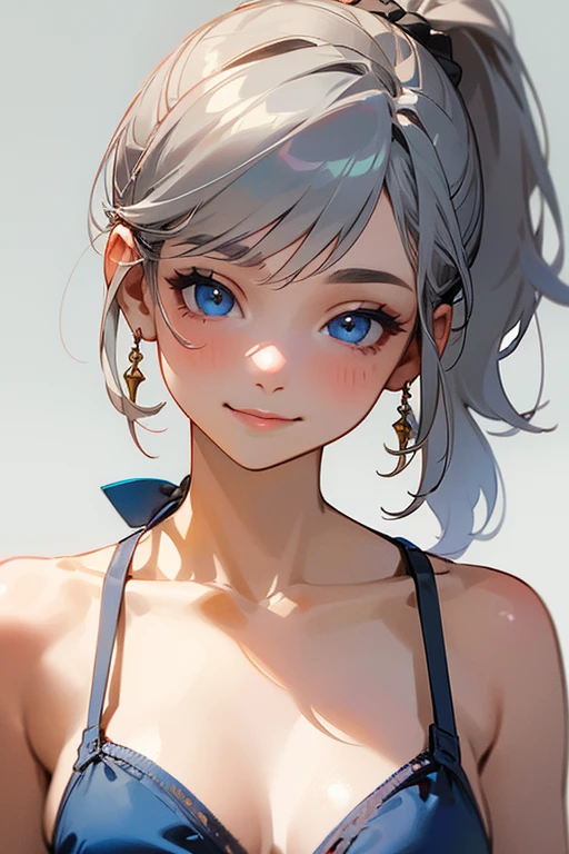 (masterpiece: 1.2, highest quality), (Actual Photos, Intricate details), 1. woman, alone, Upper Body, casual, Shoulder-length hair, Minimal makeup, Natural materials, Face close-up, smile, Home, Gray Hair, blue eyes, Shoulder Bare、ponytail、Swimwear、