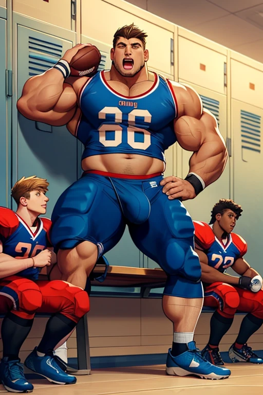 A group of five senior highschooler students sit on a bench in a locker room. Blank vapid stares. Open mouth. Drooling. Football uniforms. Realistic. Open mouths. Hypnotized. Brainwashed. Hypnosis. Brainwashing. Big biceps. Big triceps. Big traps. Broad shoulders. Big meaty pecs. Big crotch bulge. Hyper bulge. Flexing biceps. Sweat. Repeating mantras. "Bigger and bigger. Dumber and dumber. Listen. Obey. Become a jock. Thoughts slow down until they lock. Just a big ... dumb ... jock.... Brooooo...." Bro. Football jock transformation. Jockstrap. Compression pants. Football pads. Cleats.