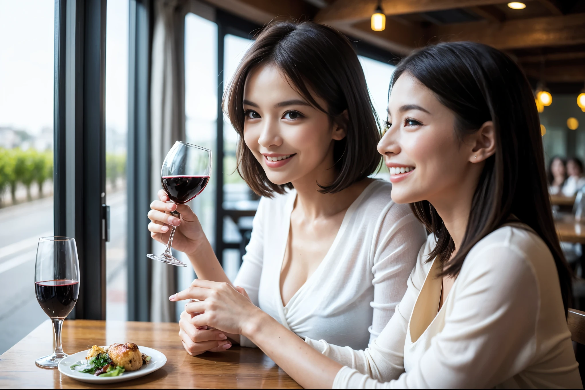 ((highest quality、8k、masterpiece:1.3))、beauty、1 male1 female、Couple、Spouse、half、The body is slim、((Bob Hale、Straight hair:1.2)), (Realistic, Intricate details:1.2), Fullcorse Dinner,Wine glass on the table、Shine light on your face、 Amazing view of the sunset sky and clouds、A bright smile、The wonderfulness of smile、Bright image、The beauty of wine, Beautiful Face, blue eyes, The light shines on your face, Blushing, short hair,Bright Face、 (Age 45), 39 years old, red wine 、Appetizers、Italian food、Wine bottle、Champagne、sparkling wine、Two beauties、Brown Hair、Shortcuts、Long sleeve shirt、dress、Pretty Woman 1, (Slim face), (The body is slim), (Brown Hair), (Shortcuts), cheeks turn a little red,Attractive beauty、restaurant, In a prominent place (From the waist up) Nova Frog Style, actress, model, Upper Body, White wine, slim, wine glass, A wine glass placed in the center, smile, (smile: 1.15), Beautiful fine grain, Depth f/2,saturation, High Contrast, Strong light and shadow,Moist Body:1.5、3D texture、Delicate eyes、Brown Hair、The hair is very shiny、