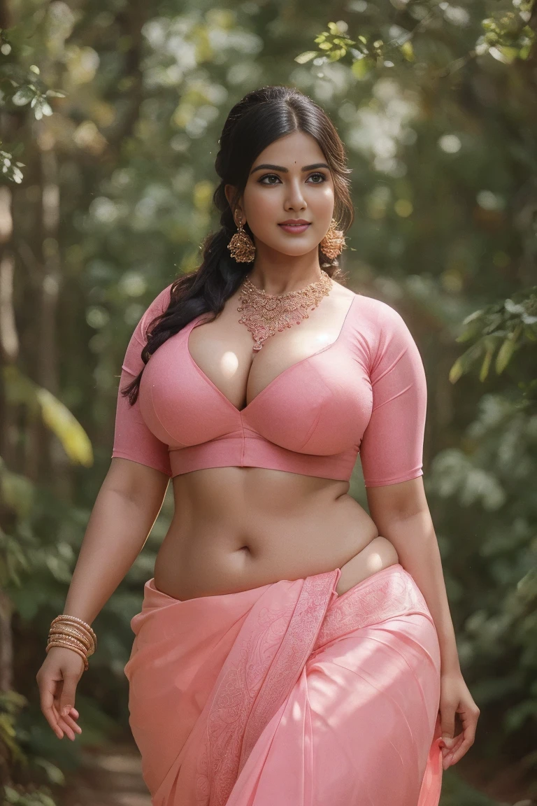 daytime view, close up shot of sexy indian from top view, wearing pink saree, walking in forest, looking to camera, big and curvy cheeks, hourglass figure, sexy navel, swooping breasts, ponytail, necklace, (cinematic:1.3), intricate details , (ArtStation:1.2)rendom nudity
