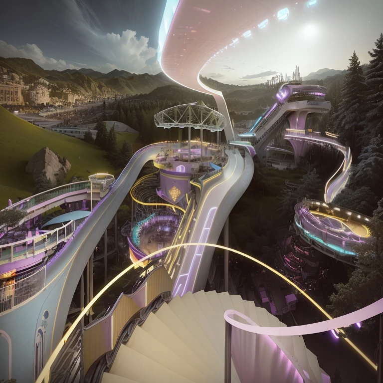 Outdoor Amusement Park,Punk Amusement Park,Valle futurista, Concept Rendering, Futuristic Background, Futuristic architecture concept, Architectural Rendering,Pink and purple dreamy night scene