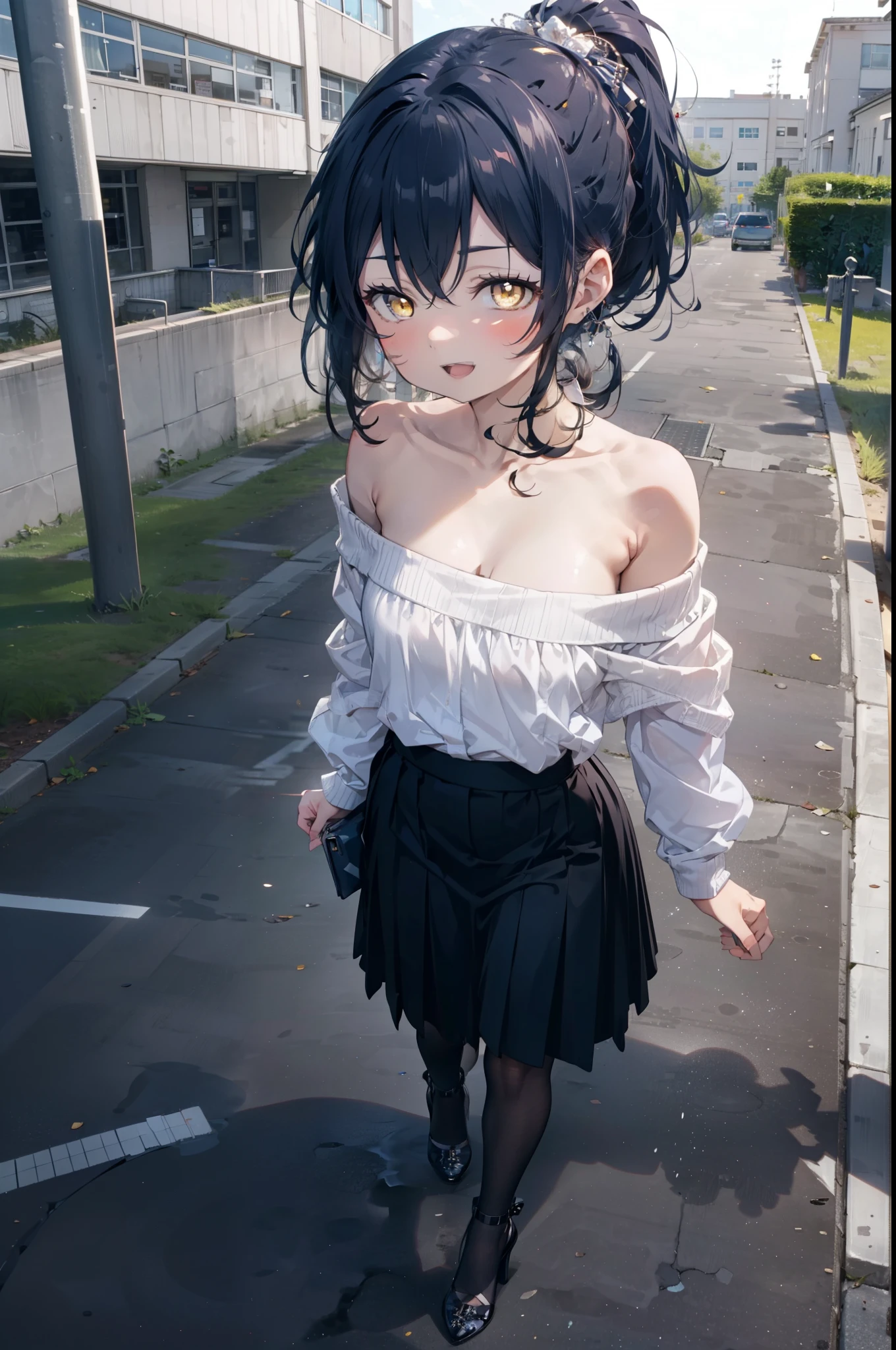 Kamisonoda, Umi Sonoda, Long Hair, ponytail,Blue Hair, (Yellow Eyes:1.5) (Flat Chest:1.2),happy smile, smile, Open your mouth,One-shoulder sweater,Long skirt,Black pantyhose,Stiletto heels,Daytime,Clear skies,walking,
break looking at viewer,whole body,
break outdoors,School,school gate,
break (masterpiece:1.2), highest quality, High resolution, unity 8k wallpaper, (figure:0.8), (Beautiful fine details:1.6), Highly detailed face, Perfect lighting, Highly detailed CG, (Perfect hands, Perfect Anatomy),