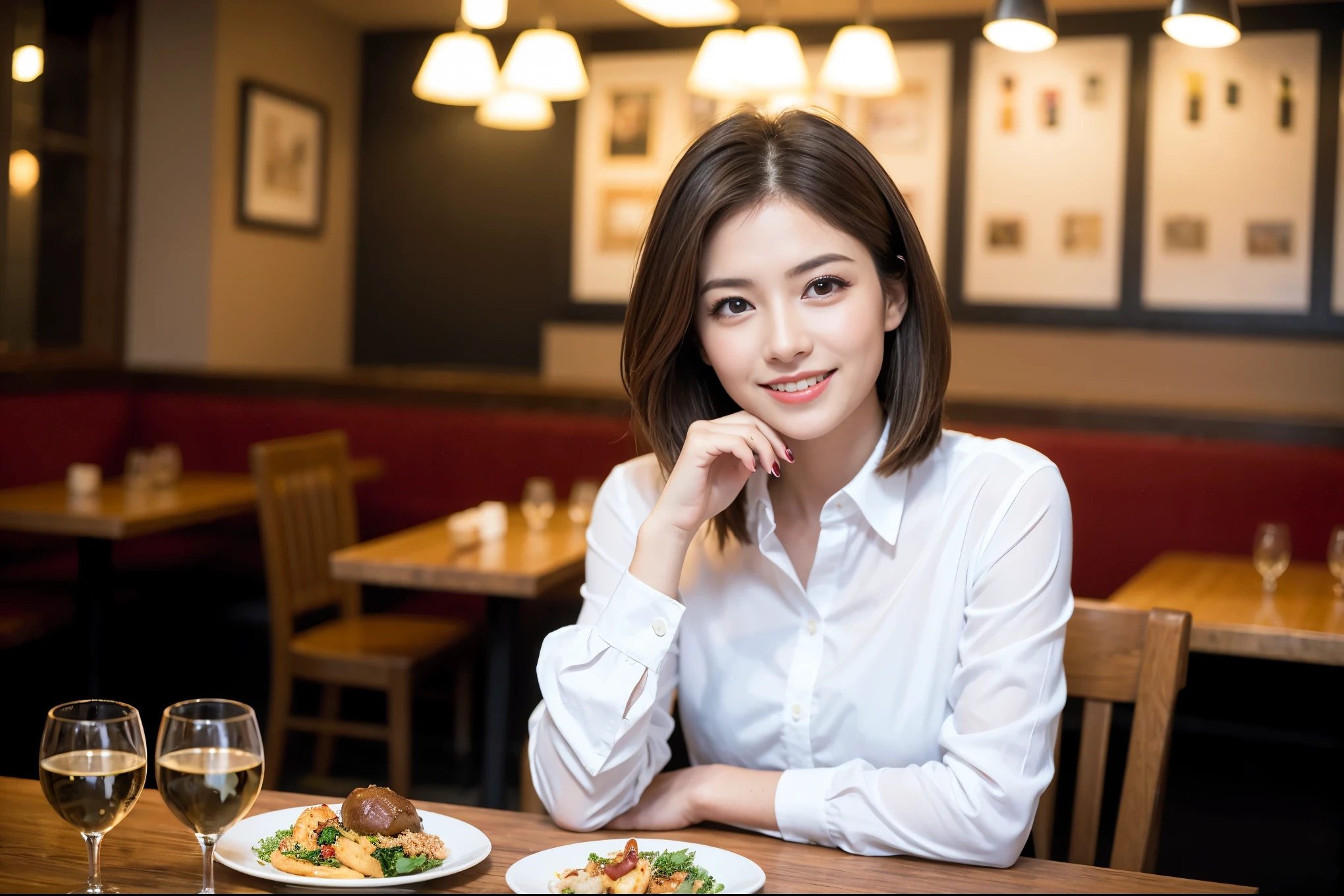 ((highest quality、8k、masterpiece:1.3))、beauty、1 male1 female、Couple、Spouse、half、The body is slim、((Bob Hale、Straight hair:1.2)), (Realistic, Intricate details:1.2), Fullcorse Dinner,Wine glass on the table、Shine light on your face、 Amazing view of the sunset sky and clouds、A bright smile、The wonderfulness of smile、Bright image、The beauty of wine, Beautiful Face, blue eyes, The light shines on your face, Blushing, short hair,Bright Face、 (Age 45), 39 years old, red wine 、Appetizers、Italian food、Wine bottle、Champagne、sparkling wine、Two beauties、Brown Hair、Shortcuts、Long sleeve shirt、dress、Pretty Woman 1, (Slim face), (The body is slim), (Brown Hair), (Shortcuts), cheeks turn a little red,Attractive beauty、restaurant, In a prominent place (From the waist up) Nova Frog Style, actress, model, Upper Body, White wine, slim, wine glass, A wine glass placed in the center, smile, (smile: 1.15), Beautiful fine grain, Depth f/2,saturation, High Contrast, Strong light and shadow,Moist Body:1.5、3D texture、Delicate eyes、Brown Hair、The hair is very shiny、