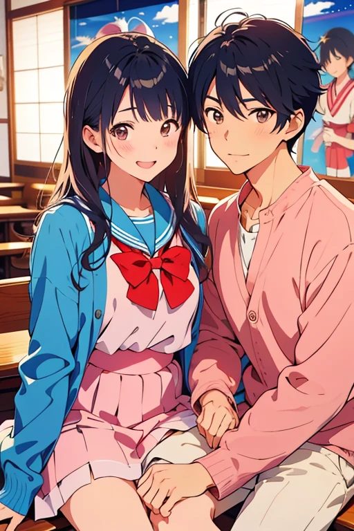 Japanese couple poster, comics, shoujo romance, prince, manga cover, Romance, romance novel cover, modern, manga cover, shoujo manga, , lover, student, Boys and Girls, Good friends couple、shirt、Sailor suit、two people on a date、Realistic、18-year-old