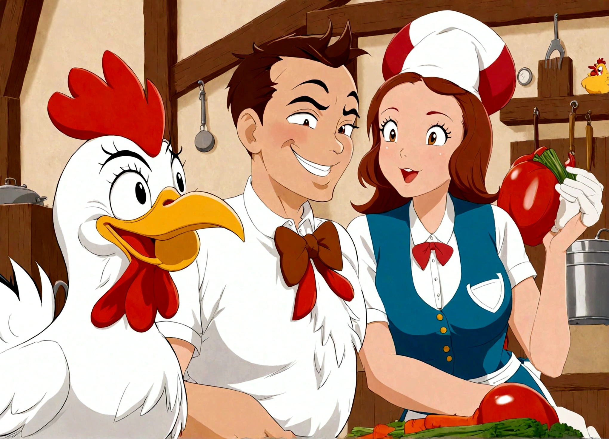 Classic 50s Looney tunes. Rooster Foghorn leghorn swaggers and flirts with a cute farm woman, she is prepping vegetable to roast with something big