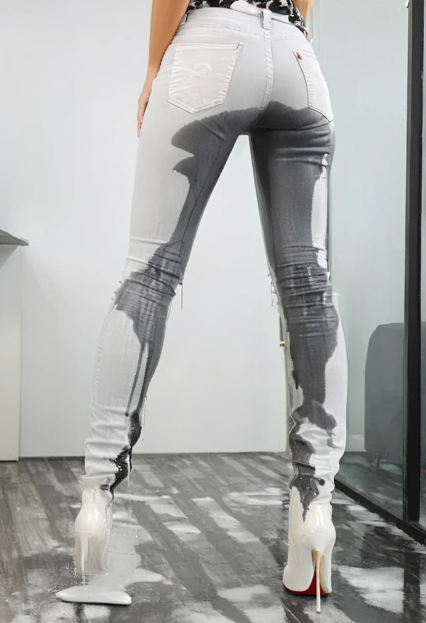attractive blonde woman wearing skinny jeans, high heel boots, white blouse, standing in an office, wetting, pee stains are gleaming wet, orgasmface