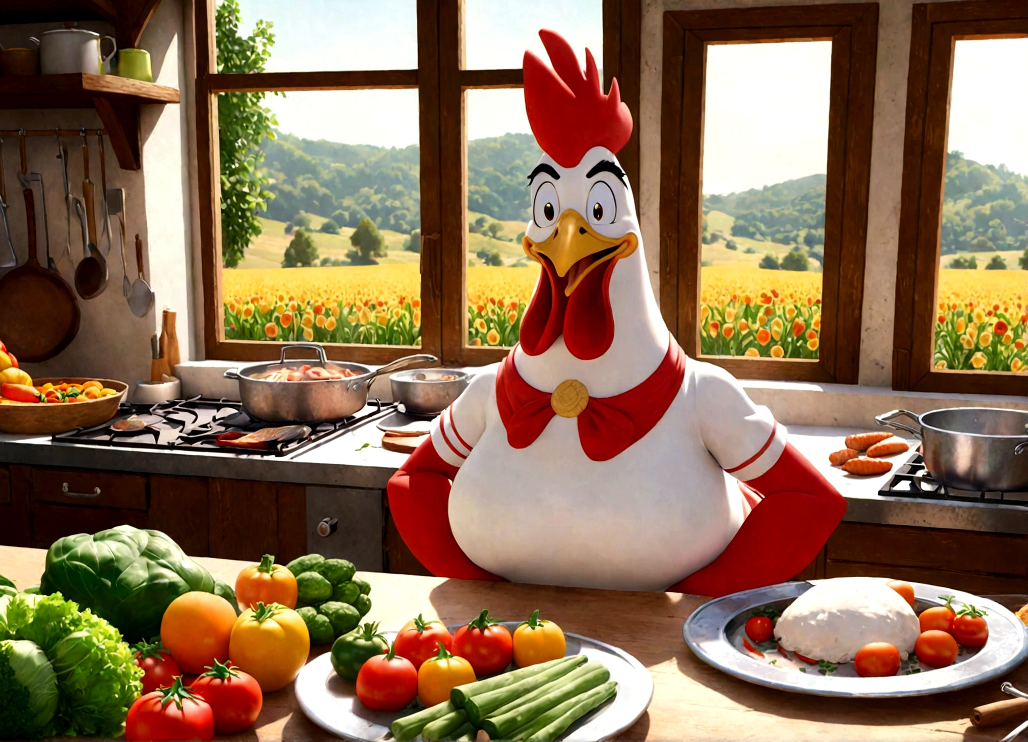 A classic 50s Looney Tunes style cartoon, Foghorn Leghorn the rooster swaggering and flirting with a cute farm woman as she prepares vegetables to roast, highly detailed, beautiful colors, dynamic and humorous scene, (best quality,8k,highres,masterpiece:1.2),ultra-detailed,(realistic,photorealistic,photo-realistic:1.37),vibrant colors,warm lighting,3D render,Foghorn Leghorn as a cartoon character with exaggerated features,beautiful detailed farm woman with cute facial expressions,detailed vegetables and cooking scene,dynamic poses and expressions,humorous and lively atmosphere