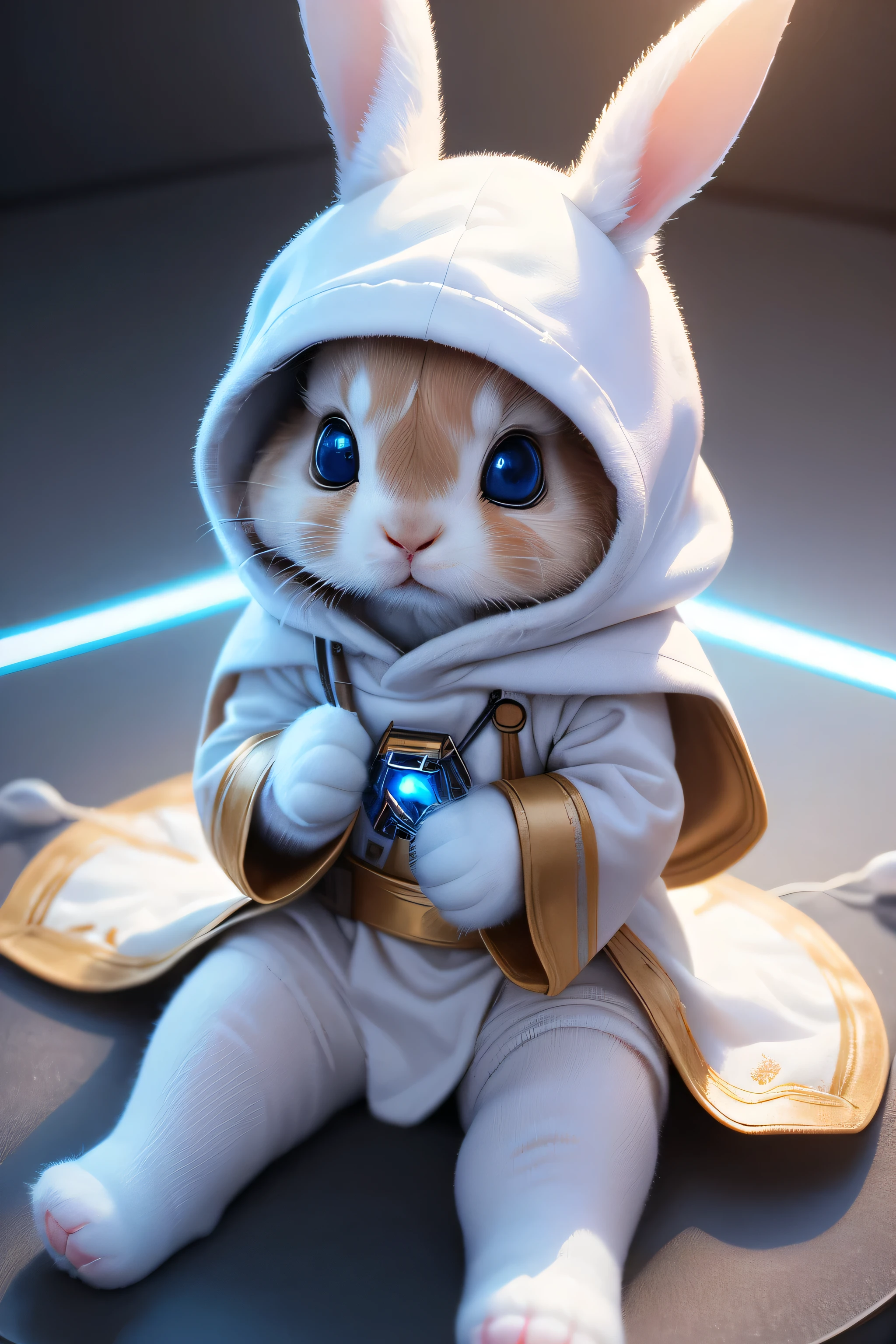 (top quality, super detail, realistic, photo realistic:1.37), white rabbit in Star Wars Jedi uniform, adorable, soft, fluffy, playful, expressive blue eyes, small round body, small paws, detailed Jedi robes with brown cloth and hood, it-saber Force light side galactic background, rabbit boy, light colors, warm lighting, ??? rabbit, anthropomorphic rabbit, not human, no humans, rabbit hands not human hands.