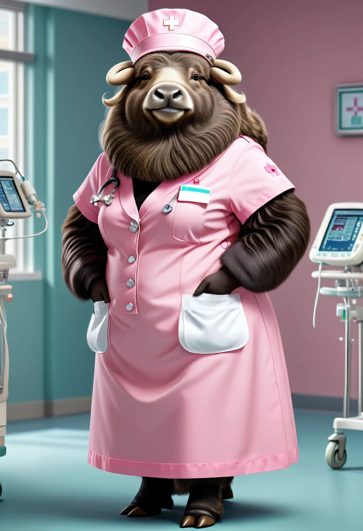 photorealistic portrait of Dressed animals - a ((fat)) musk ox nurse,(elegant pose:1.2),(hands in pockets:1.5), (elegant smile:1.2),high quality,(lovely) ,intricate details, highly detailed (( pink nurse costume)), wearing nurse cap and skirt , highly detailed medical equipment , (happy), perfect lighting,(full body image:1.5),(hospital background:2.0)
