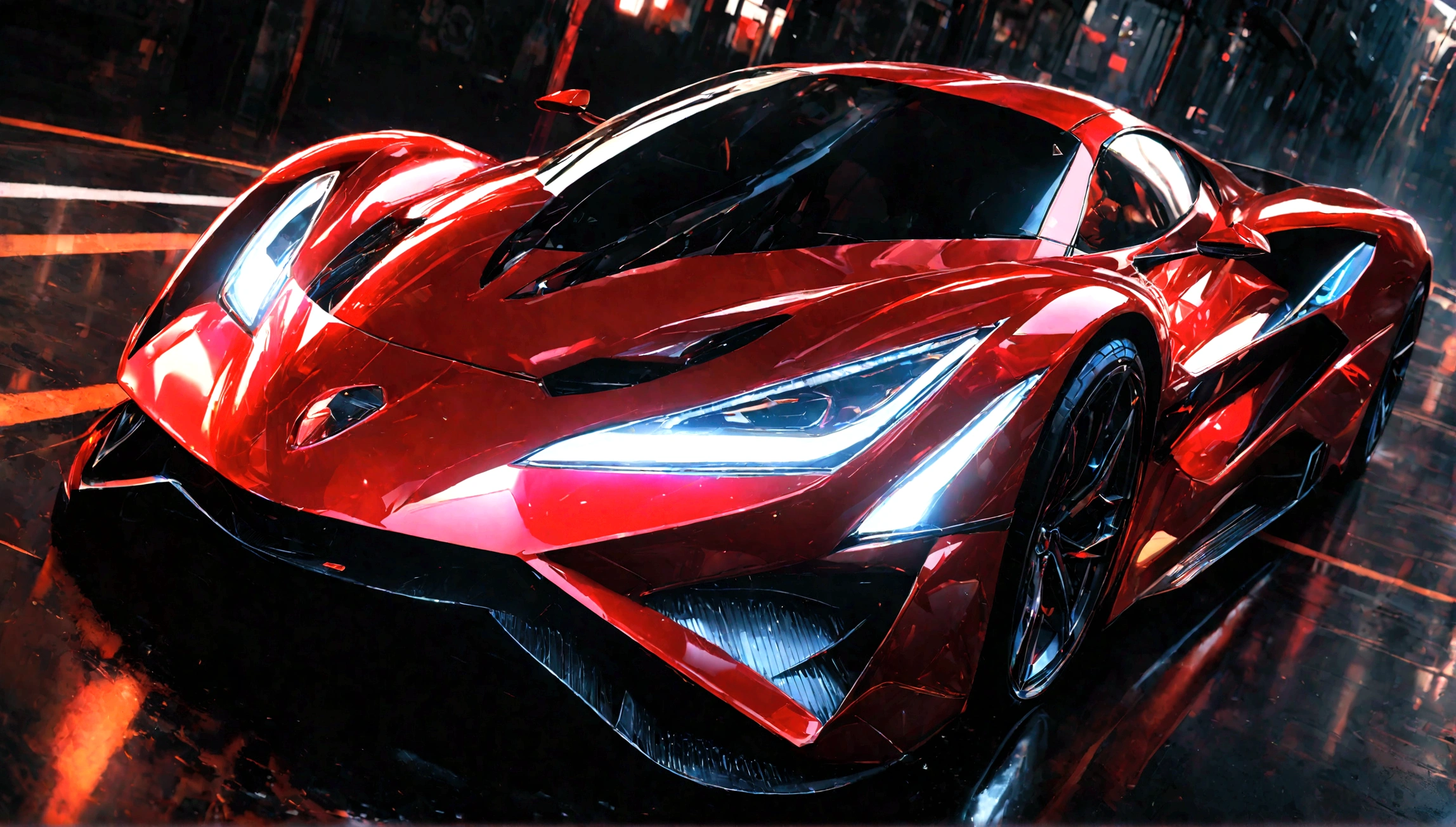 a futuristic supercar,highly detailed, 8k, photorealistic, glossy metallic finish, intricate mechanical parts, glowing neon accents, advanced aerodynamic design, sleek and angular body, vibrant red color, dramatic lighting, cinematic atmosphere, ground-level perspective