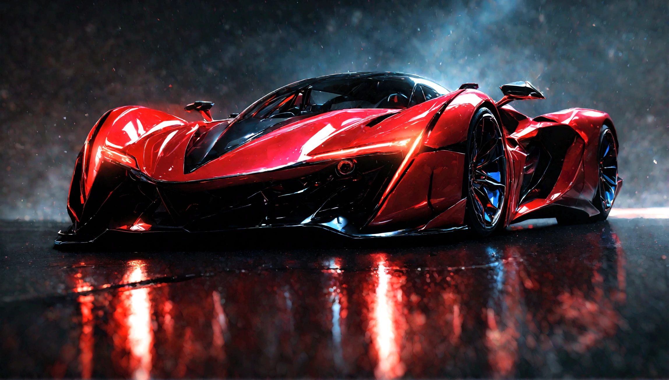 a futuristic supercar,highly detailed, 8k, photorealistic, glossy metallic finish, intricate mechanical parts, glowing neon accents, advanced aerodynamic design, sleek and angular body, vibrant red color, dramatic lighting, cinematic atmosphere, ground-level perspective