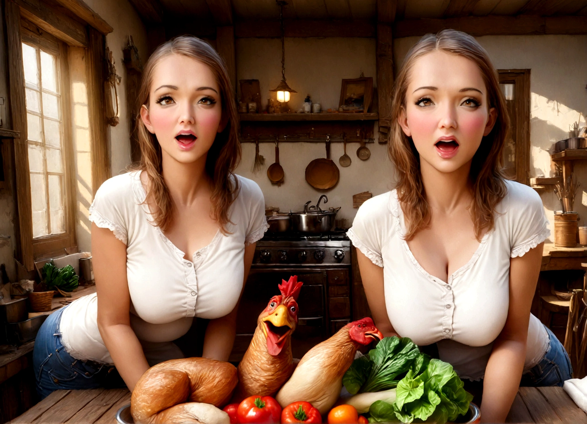 A classic 50s Looney Tunes style cartoon, Foghorn Leghorn the rooster swaggering and flirting with a cute farm woman as she prepares vegetables to roast, highly detailed, beautiful colors, dynamic and humorous scene, (best quality,8k,highres,masterpiece:1.2),ultra-detailed,(realistic,photorealistic,photo-realistic:1.37),vibrant colors,warm lighting,3D render,Foghorn Leghorn as a cartoon character with exaggerated features,beautiful detailed farm woman with cute facial expressions,detailed vegetables and cooking scene,dynamic poses and expressions,humorous and lively atmosphere