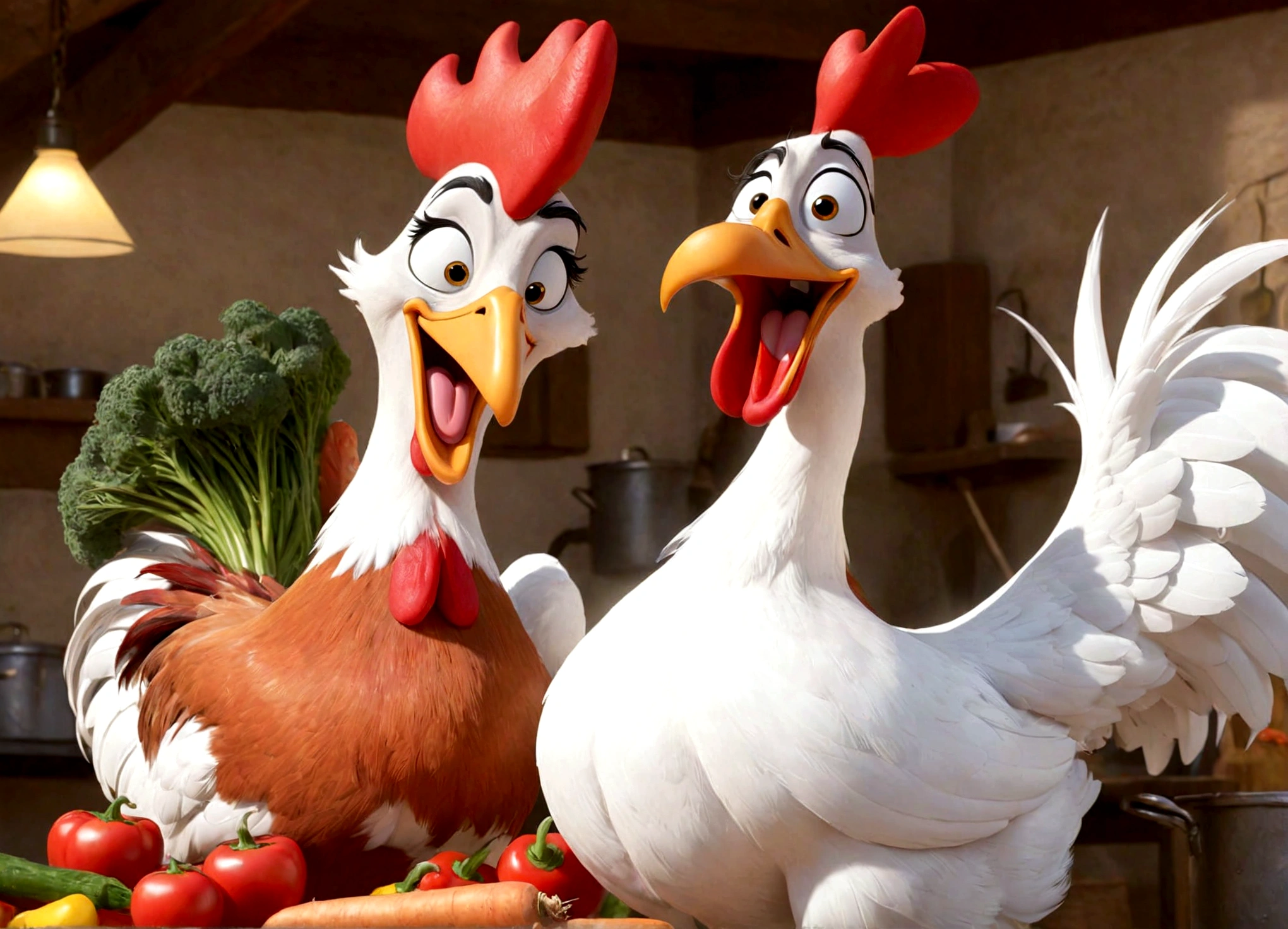 A classic 50s Looney Tunes style cartoon, Foghorn Leghorn the rooster swaggering and flirting with a cute farm woman as she prepares vegetables to roast, highly detailed, beautiful colors, dynamic and humorous scene, (best quality,8k,highres,masterpiece:1.2),ultra-detailed,(realistic,photorealistic,photo-realistic:1.37),vibrant colors,warm lighting,3D render,Foghorn Leghorn as a cartoon character with exaggerated features,beautiful detailed farm woman with cute facial expressions,detailed vegetables and cooking scene,dynamic poses and expressions,humorous and lively atmosphere
