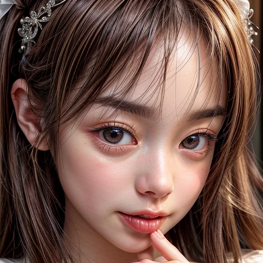 (highest quality,Super detailed,Physically Based Rendering:1.2), Realistic,Portraiture,Beautiful young woman with Braided hair and captivating eyes,Delicate facial features,Soft lighting, Vibrant colors, ((Playfully licking fingers with tongue, Gently placing a finger in the mouth)),Subtle expressions of joy and anticipation,Romantic atmosphere, (Close-up shot of sensual lips),Cheeks turn slightly red,Sensual and sophisticated,A gentle and captivating gaze. centered, Studio gray background . Clear Whitening Skin with glowing DowneyHair .