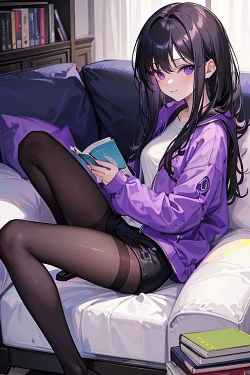 ((masterpiece, highest quality)), (One Woman), (alone), (Focus on women), (Black Hair), (Medium Hair), (Purple Windbreaker),(Black hot pants), (mature), (23 years old), (Look at me from the side),(pantyhose), Smiling faintly, Relax on the sofa,I read a book