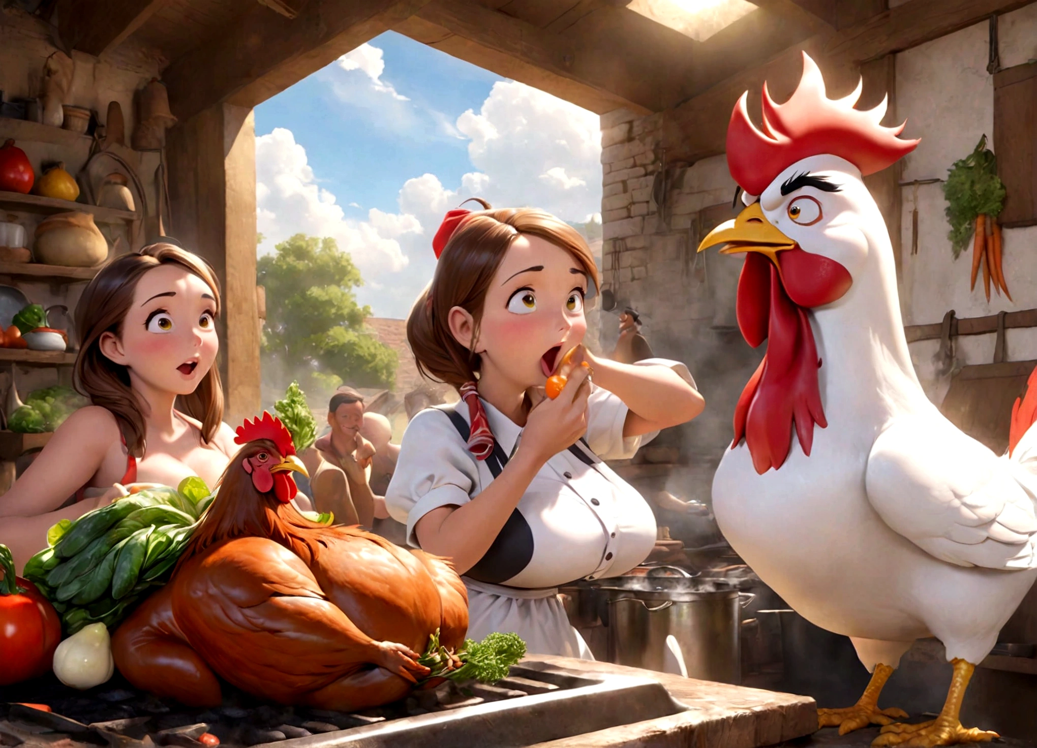 A classic 50s Looney Tunes style cartoon, Foghorn Leghorn the rooster swaggering and flirting with a cute farm woman as she prepares vegetables to roast, highly detailed, beautiful colors, dynamic and humorous scene, (best quality,8k,highres,masterpiece:1.2),ultra-detailed,(realistic,photorealistic,photo-realistic:1.37),vibrant colors,warm lighting,3D render,Foghorn Leghorn as a cartoon character with exaggerated features,beautiful detailed farm woman with cute facial expressions,detailed vegetables and cooking scene,dynamic poses and expressions,humorous and lively atmosphere
