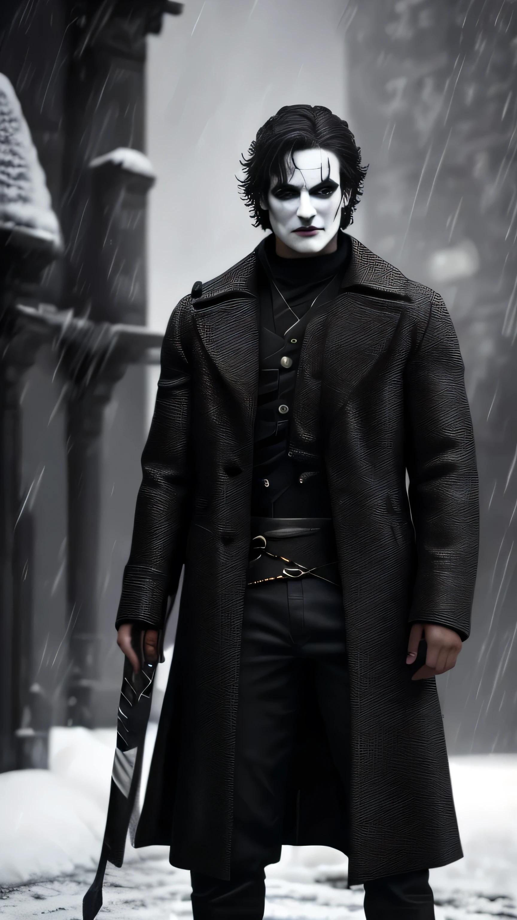 horror, (Pedro Pascal) as The Crow, white face with black makeup, black overcoat, jeans, black boots, standing, in a medival city, cold, winter, snow, Game of Thrones, (1man), (solo), (full body view), beautiful detailed glow, detailed, cinematic light, intricate detail, realistic, highres, detailed facial features, high detail, sharp focus, smooth, aesthetic, extremely detailed, stamp, octane render