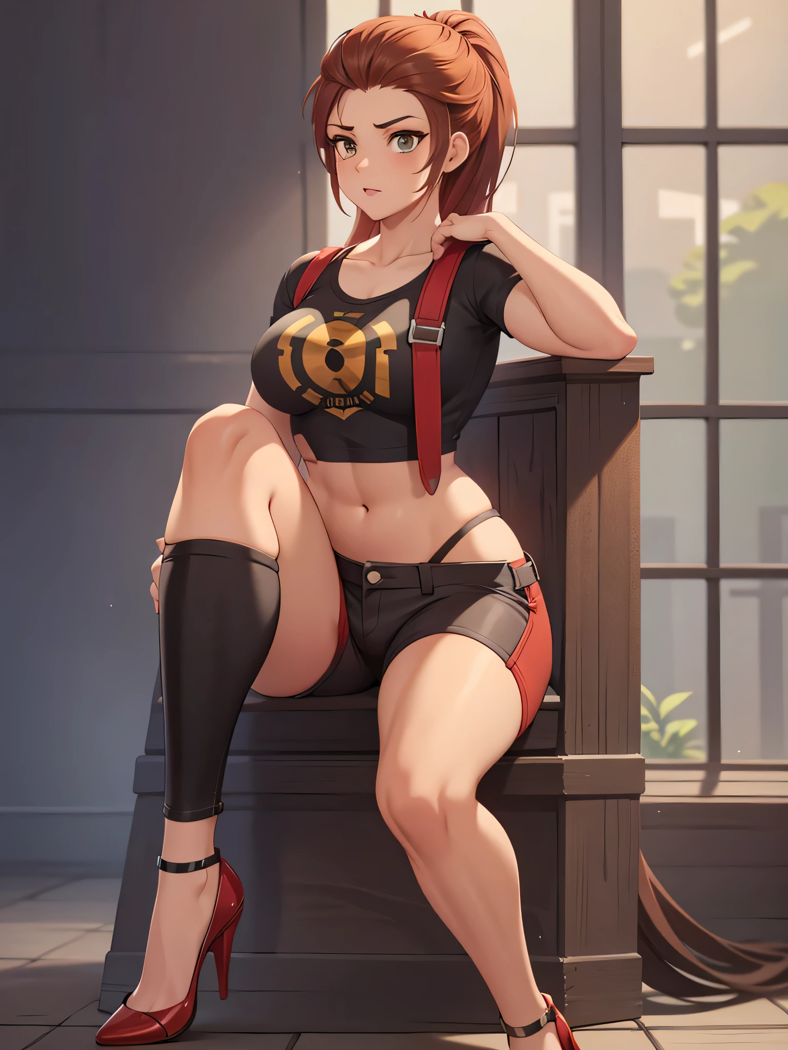 brigitte overwatch , thighs, full body, black high heels, nude tits, sitting, red jeans pants, wide hips