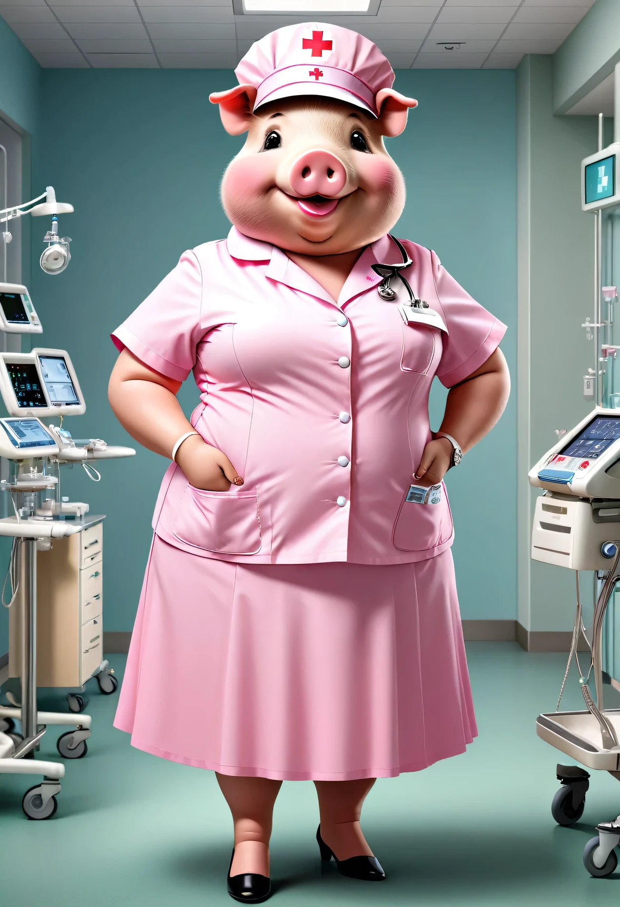 photorealistic portrait of Dressed animals - a ((fat)) pig nurse,(elegant pose:1.2),(hands in pockets:1.5), (elegant smile:1.2),high quality,(lovely) ,intricate details, highly detailed ((pink nurse costume)), wearing nurse cap and skirt , highly detailed medical equipment , (happy), perfect room lighting,(full body image:1.5),(hospital background:2.0)