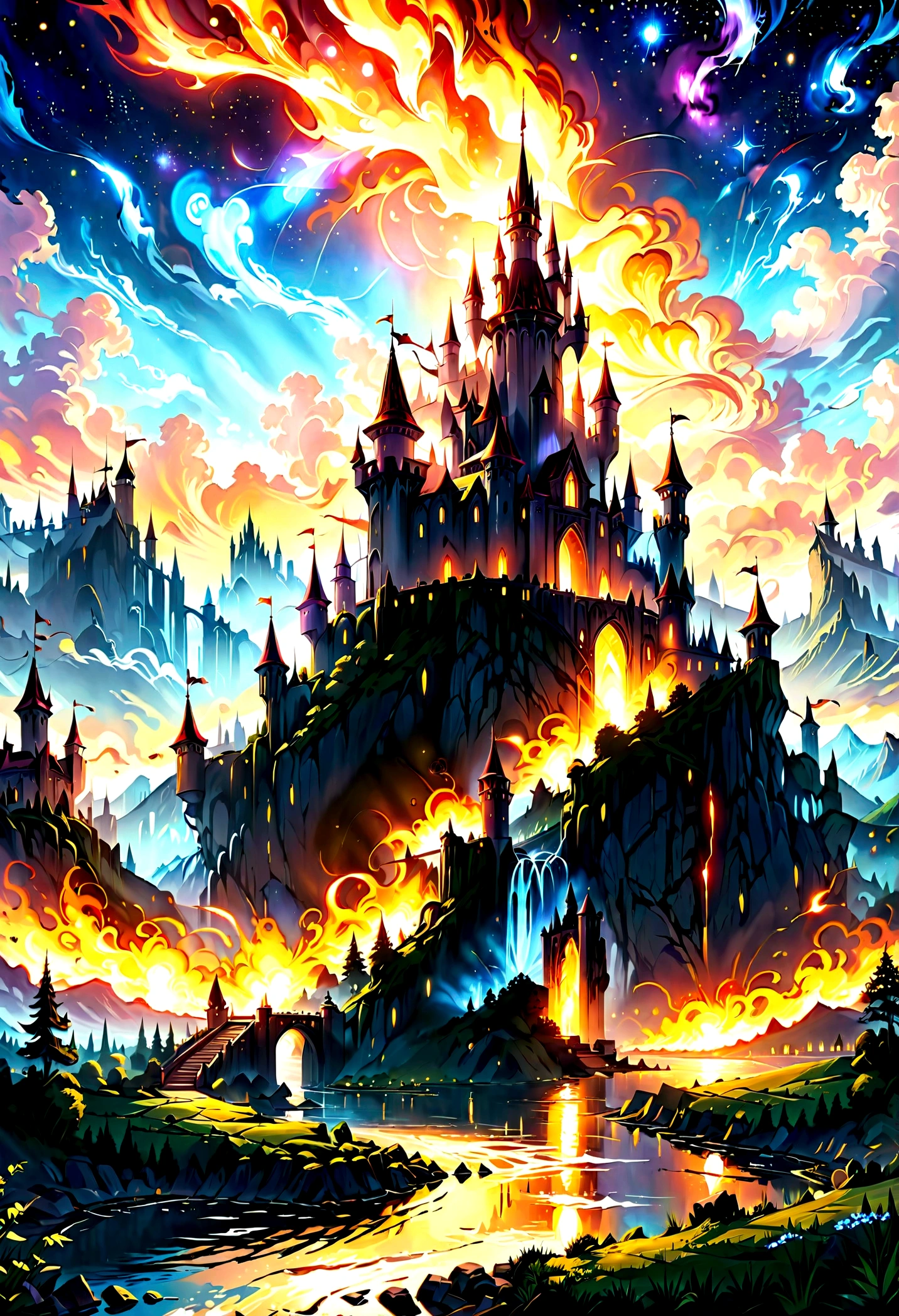 Arafed, an award winning picture, National Geographic style, magnificent artistic picture of a castle on a mountain range near a lake at dusk, fantasy art D&D art, castle, with towers, turrets, barbican, it is dusk time, the sun is going down, and there are stars in the skies, the last rays of sun, there is a bridge lit by torches crossing to the other side, fantasy forest background, ultra best realistic, best details, 16k, [ultra detailed], masterpiece, best quality, (extremely detailed), photorealism, depth of field, hyper realistic painting, Cinematic Hollywood Film style, 