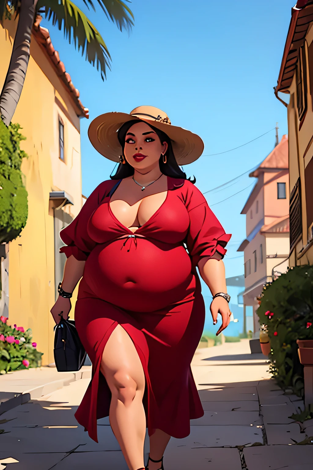 1 girl, morbidly obese seductive Spanish woman, red lips, long hair, (summer dress), (double chin), overweight, (bloated belly), big breasts, make-up, exotic island, walking 