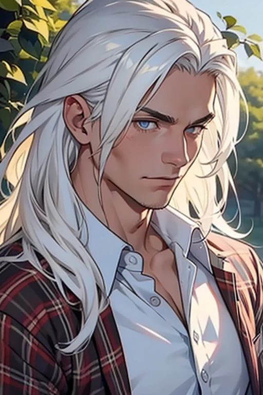 (1 man),close up shot, very long white hair, muscular, flannel shirt, farm background