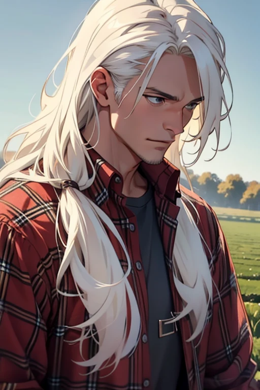 (1 man),close up shot, very long white hair, muscular, flannel shirt, farm background