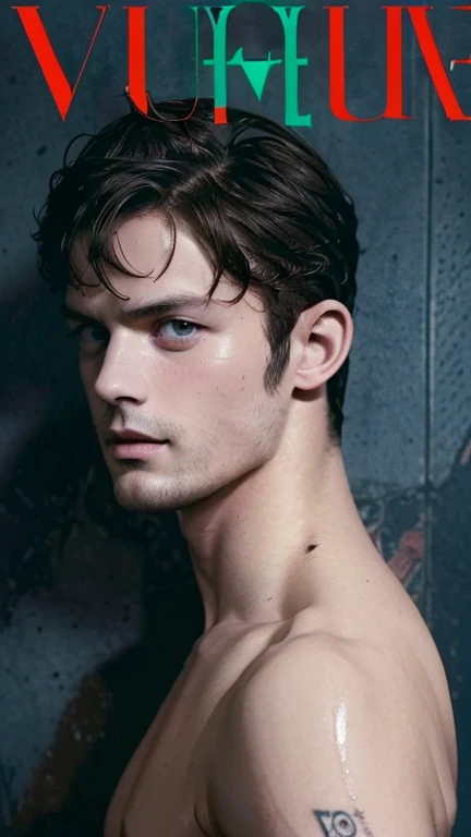 portrait of Jamie Dornan, wet body and face, advertise concept, confident, vogue magazine cover concept, shirtless, studio nature photo, grey wall